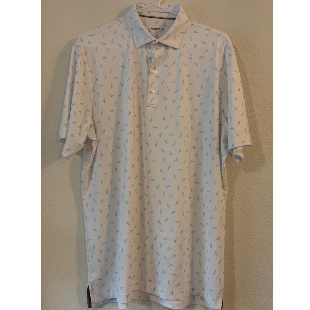 Johnnie-O Men’s Large White Blue Abstract Print Performance Golf Polo Shirt
